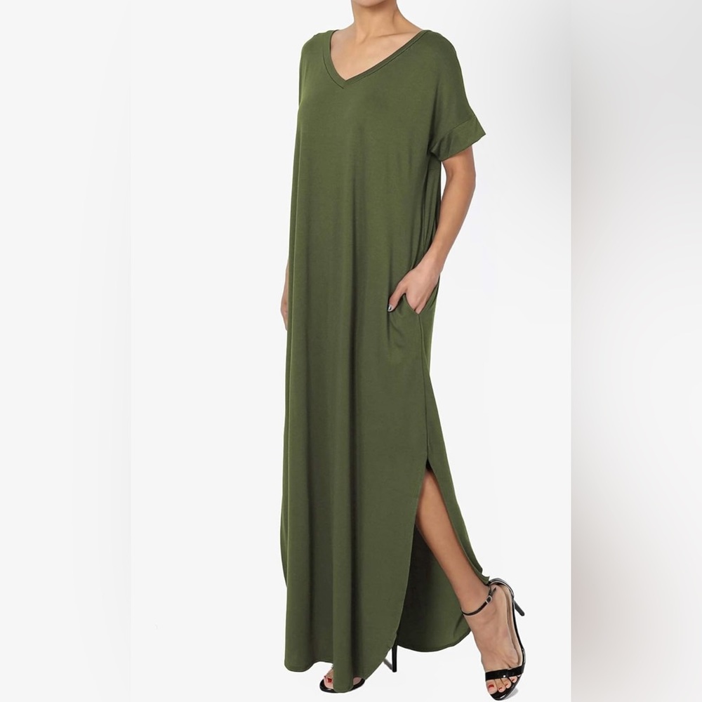Zenana Plus Short Rolled Sleeve Side Slit V-Neck Maxi Dress